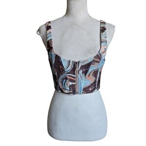 White Fox Womens Multicolor Marble Print Full Zip Bustier Corset Crop Top Size M